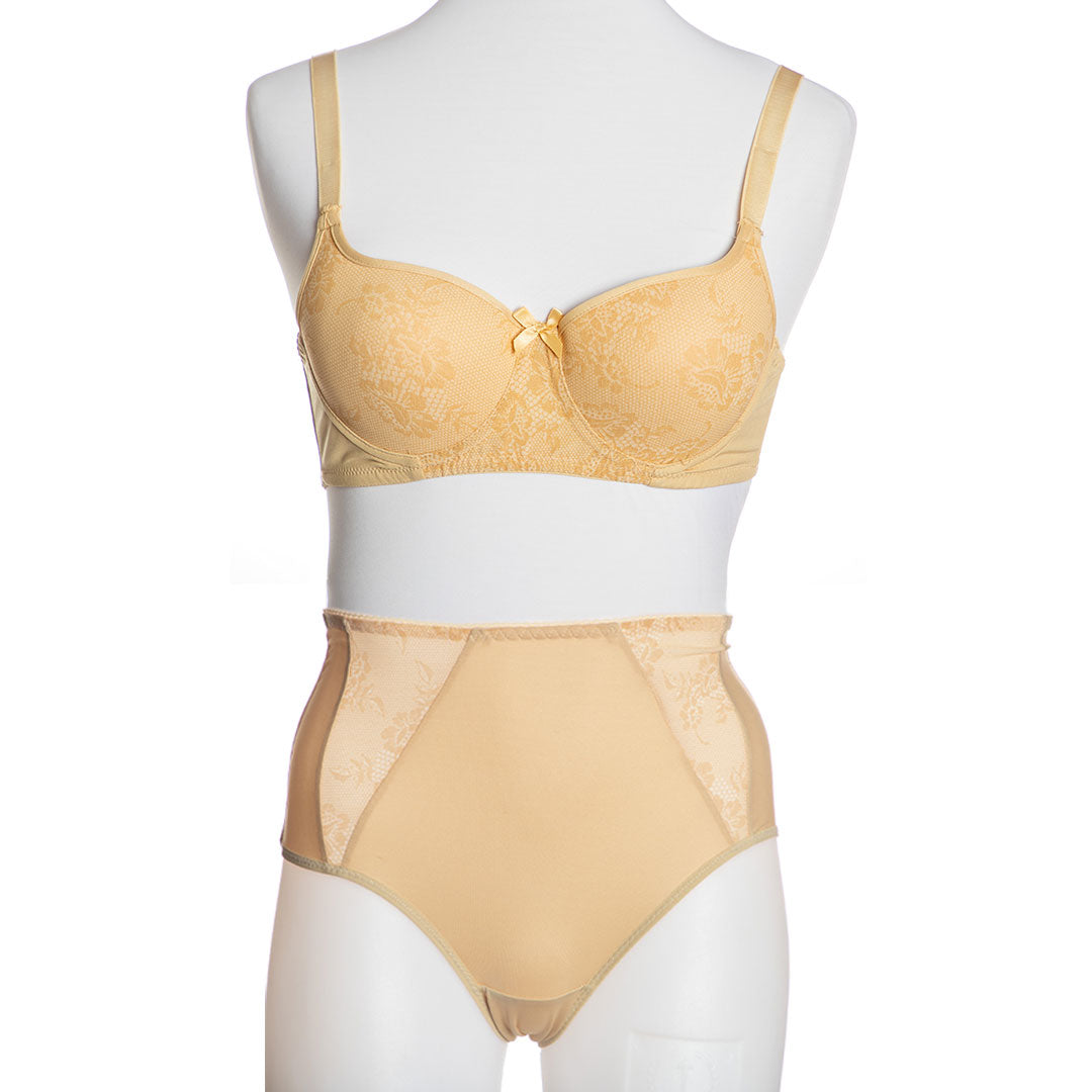 Soutien-gorge Rembourré en Dentelle & Slip en Beige