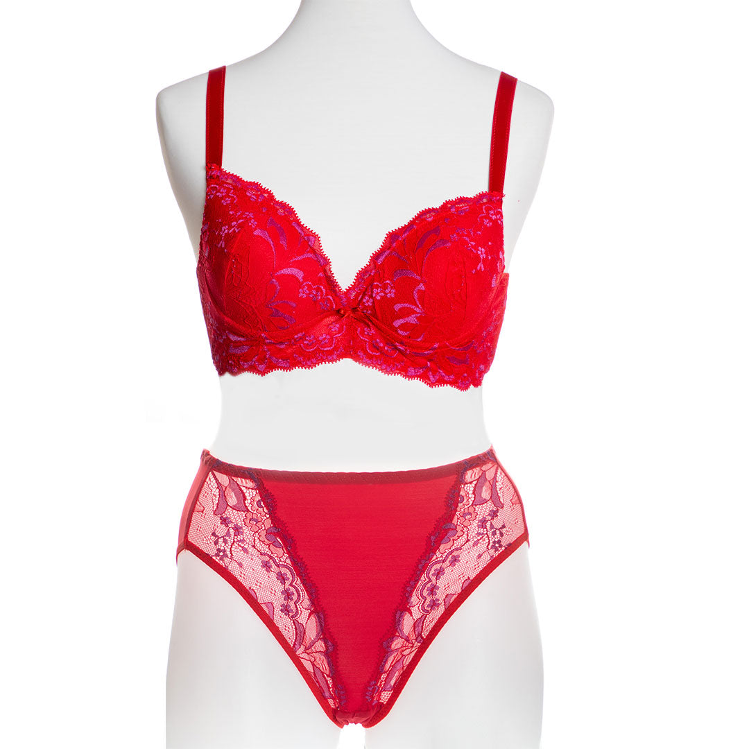 Soutien-gorge Rembourré en Dentelle & Slip en Rouge